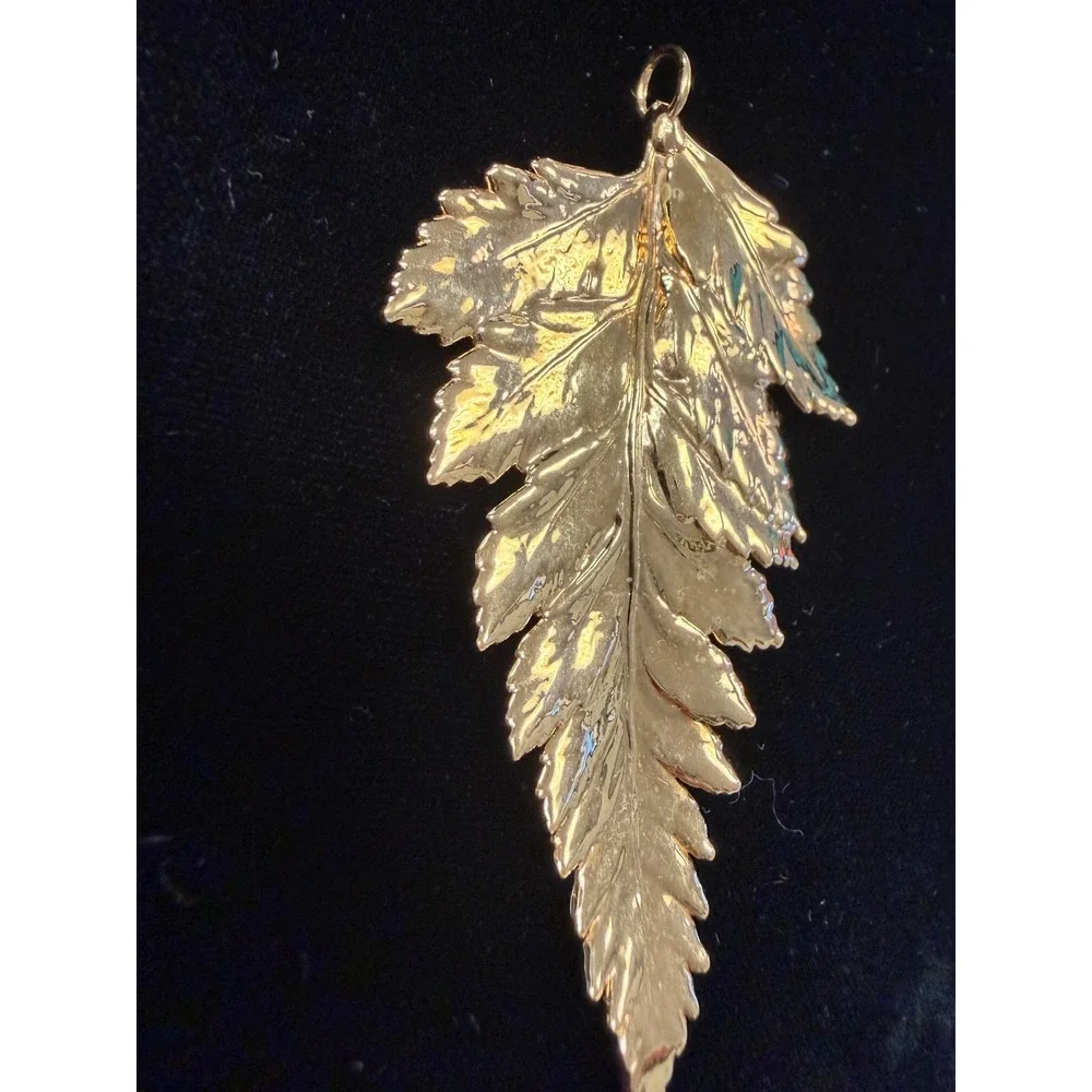 Vintage Gold Tone Fern Leaf Pendant Botanical Statement Jewelry Large 2.5 Inch